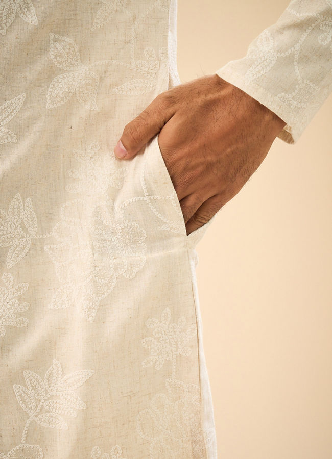 Manyavar Men Beige Enchantment Mid Length Kurta