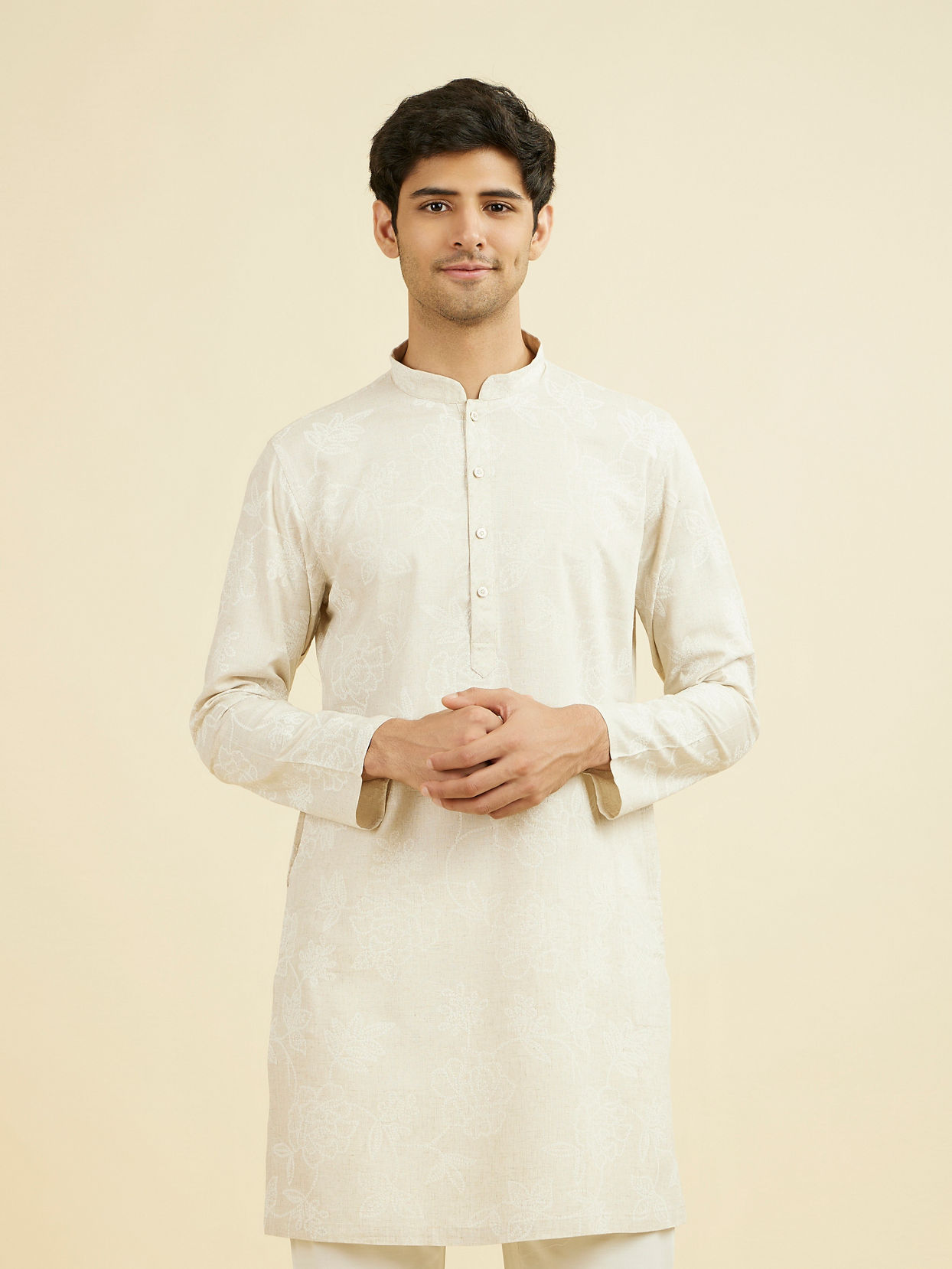 Manyavar Men Beige Enchantment Mid Length Kurta