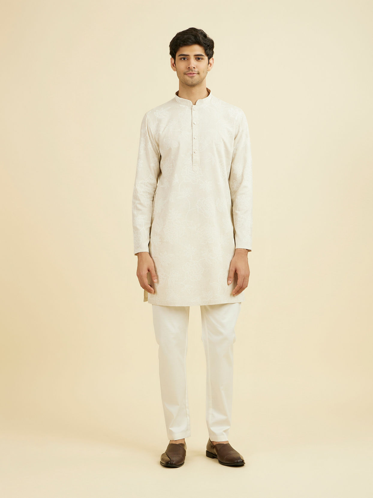 Manyavar Men Beige Enchantment Mid Length Kurta