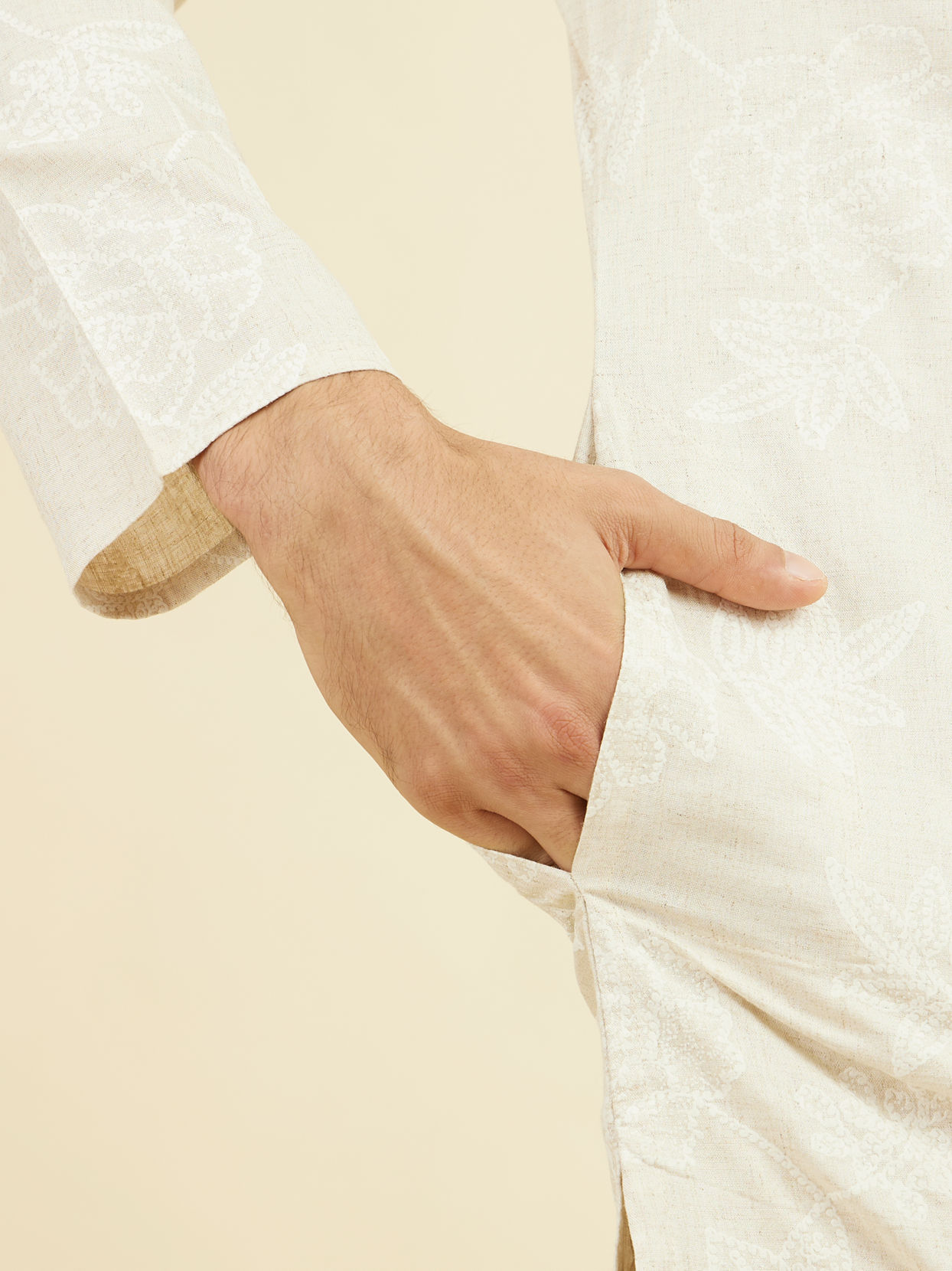 Manyavar Men Beige Enchantment Mid Length Kurta