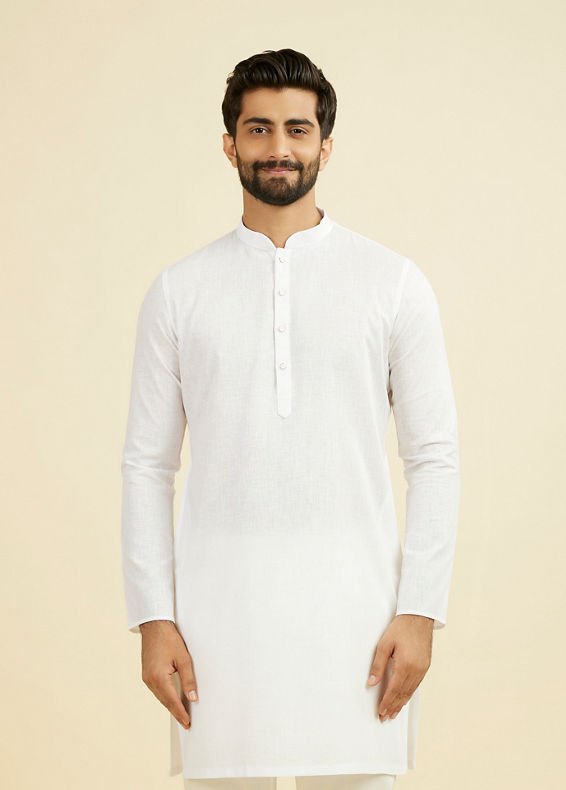 Manyavar Men Ethereal White Linen Mid Length Kurta