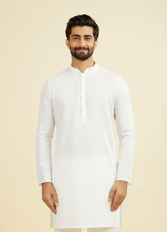 Manyavar Men Ethereal White Linen Mid Length Kurta