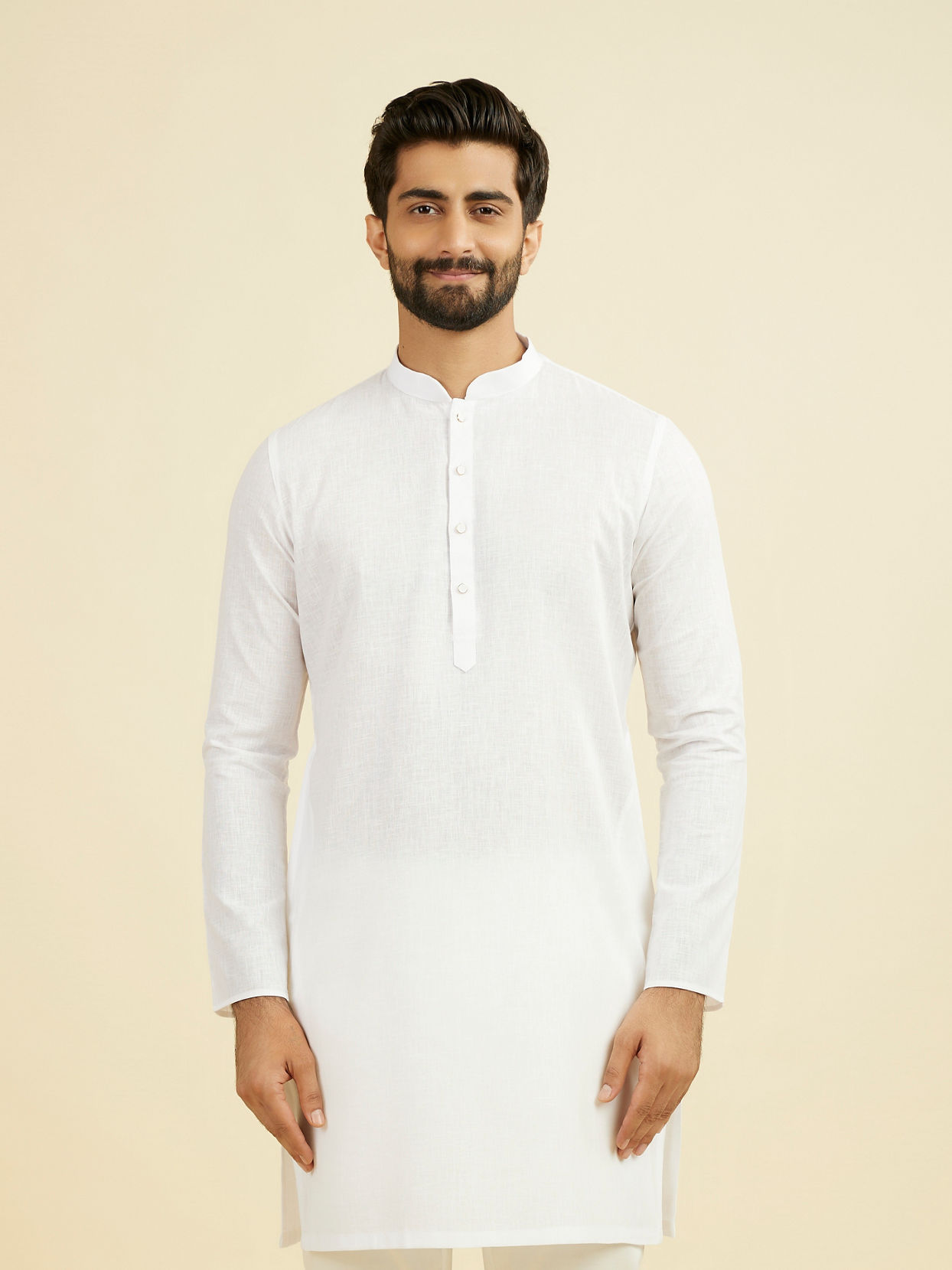 Manyavar Men Ethereal White Linen Mid Length Kurta