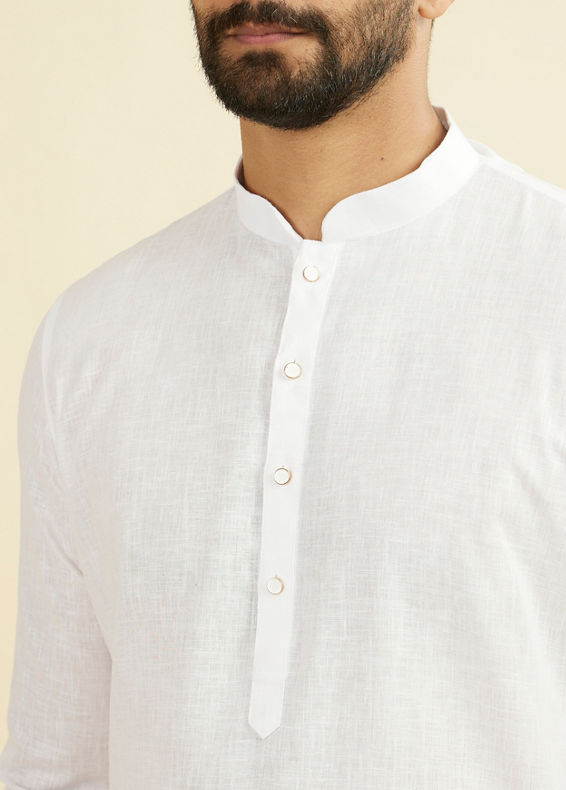 Manyavar Men Ethereal White Linen Mid Length Kurta