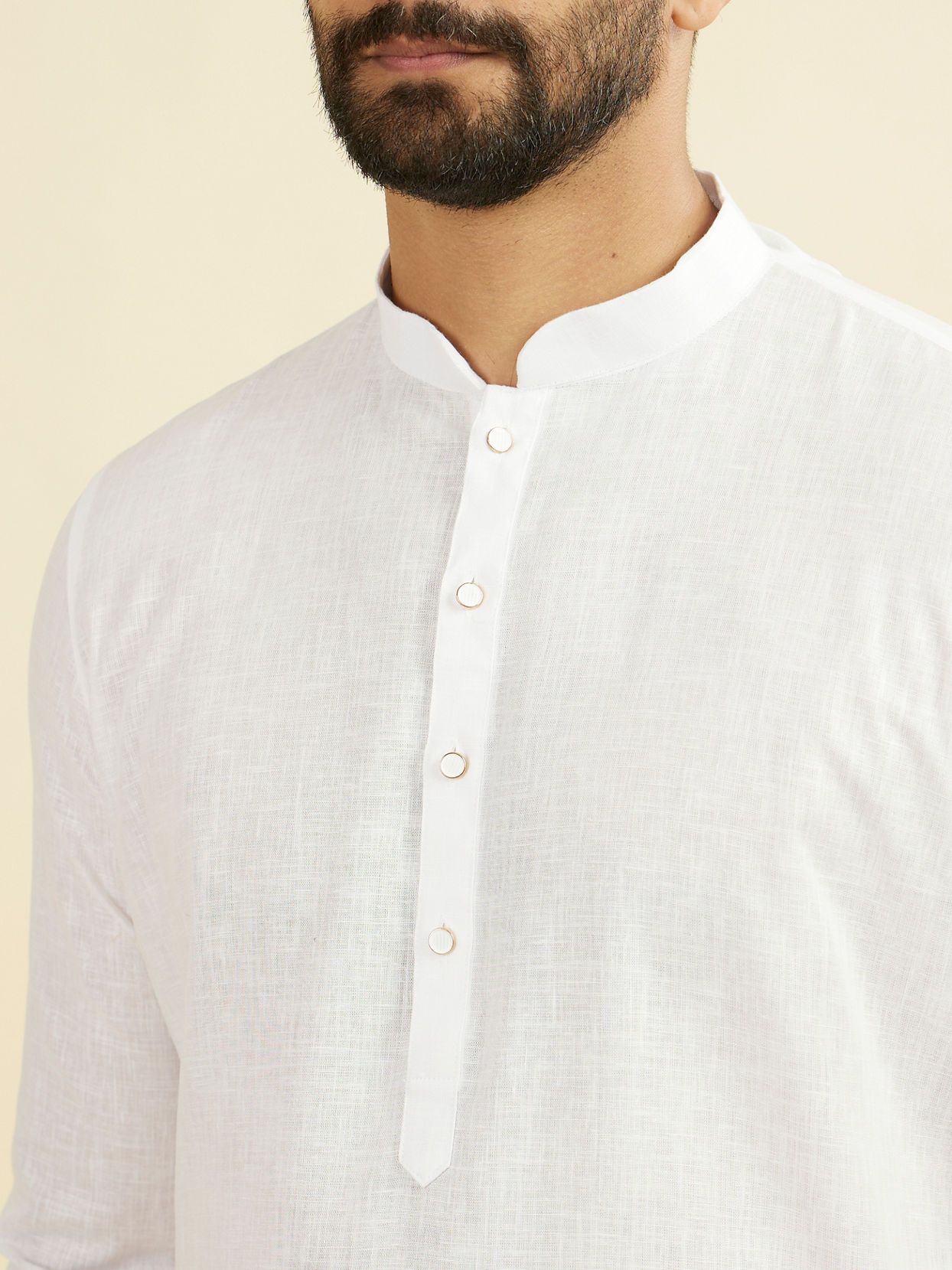 Manyavar Men Ethereal White Linen Mid Length Kurta