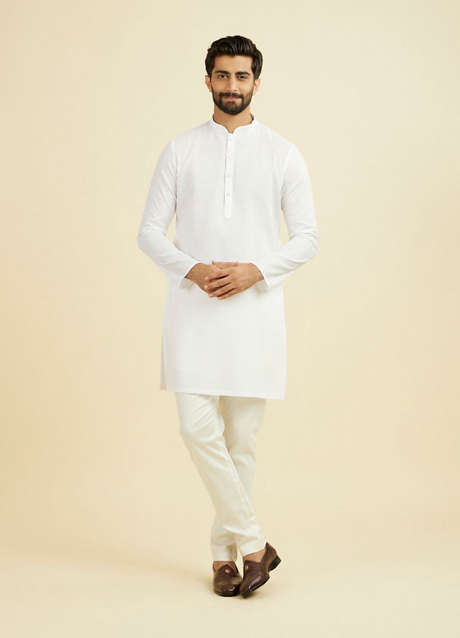 Manyavar Men Ethereal White Linen Mid Length Kurta