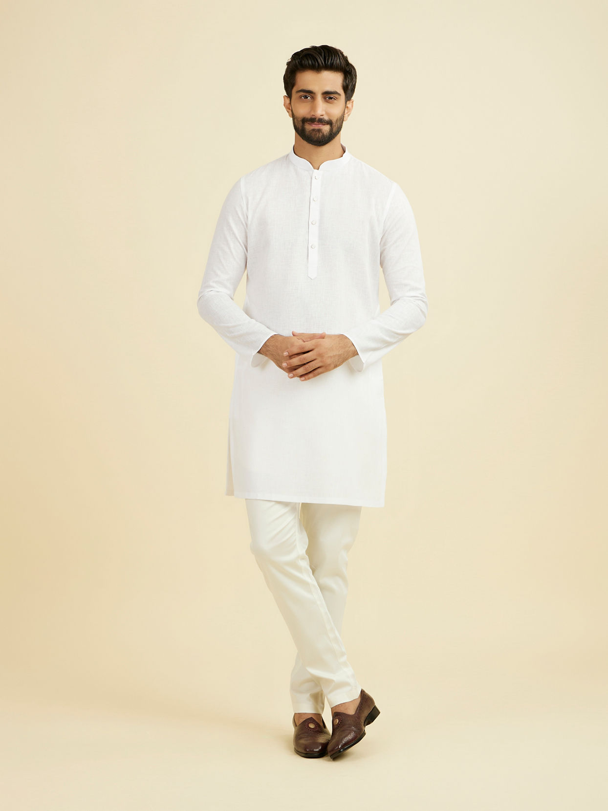 Manyavar Men Ethereal White Linen Mid Length Kurta