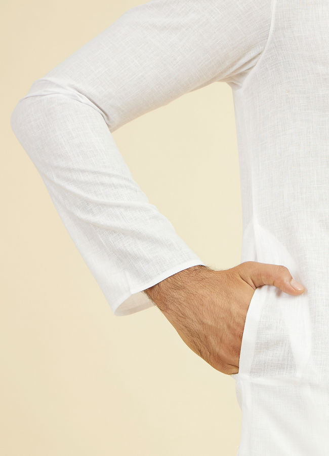 Manyavar Men Ethereal White Linen Mid Length Kurta