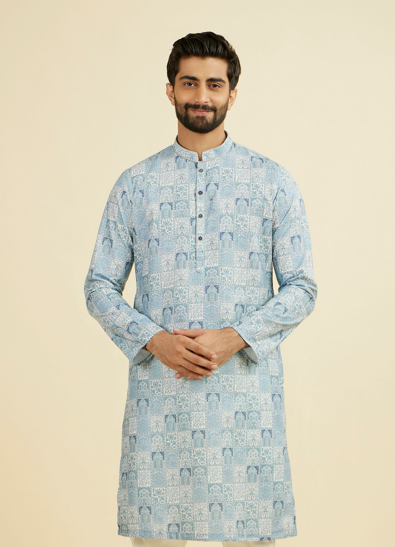 Manyavar Men Greyish Blue Cotton Kurta