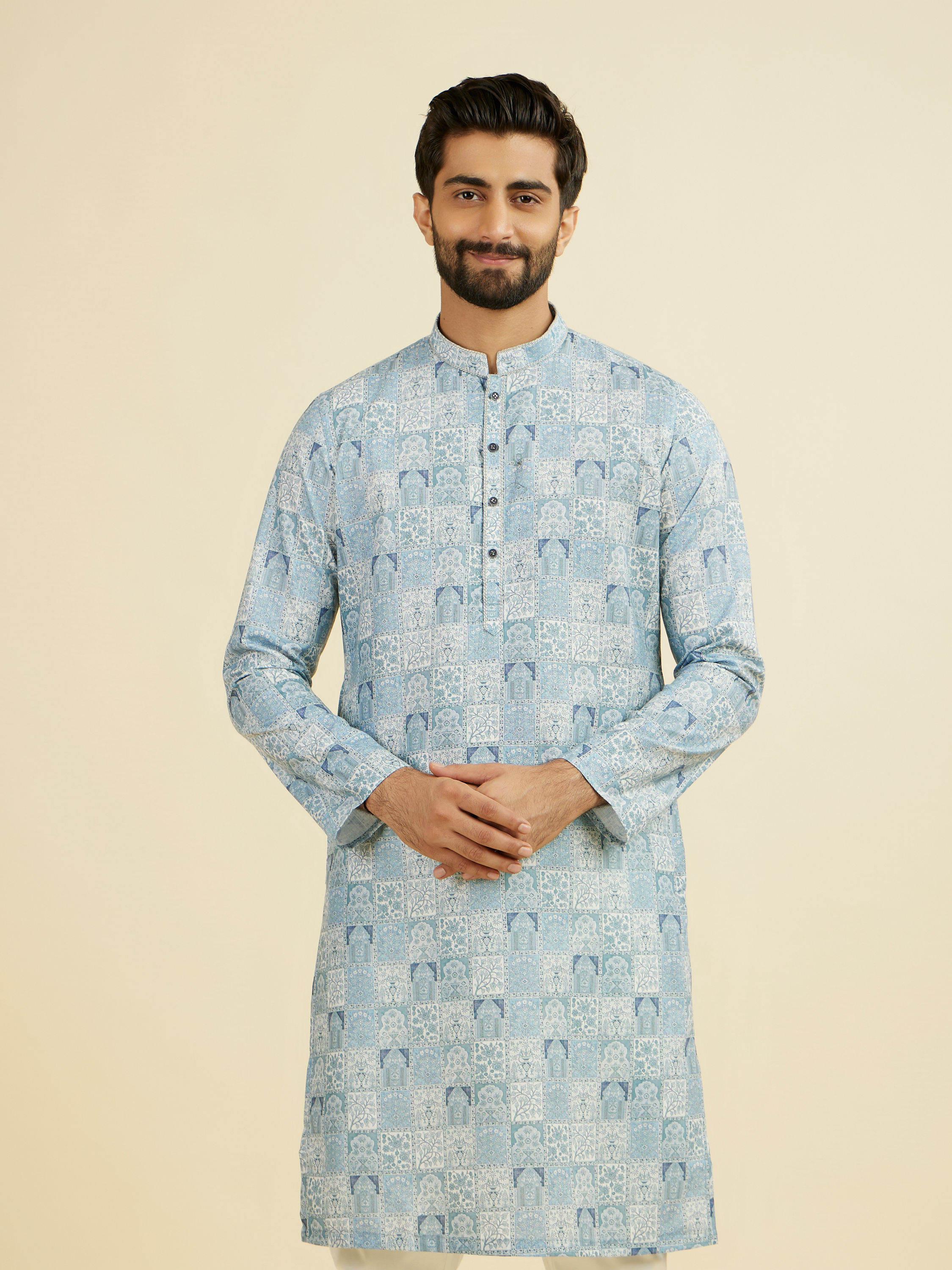 Manyavar Men Greyish Blue Cotton Kurta