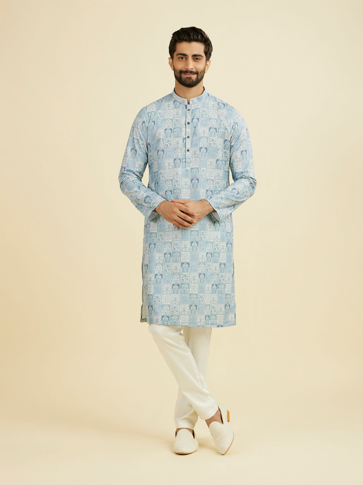 Manyavar Men Greyish Blue Cotton Kurta
