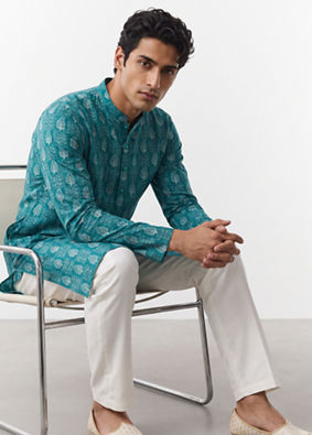 Manyavar Men Teal Green Elegance Kurta