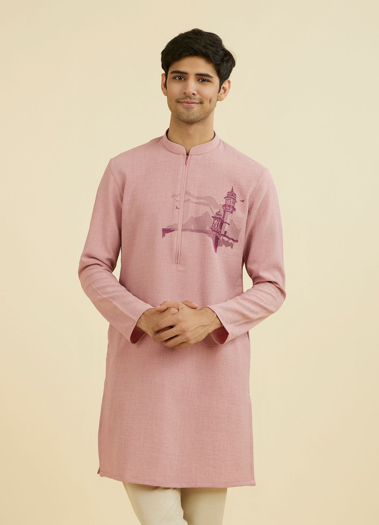 Manyavar Men Dusty Pink Mid Length Kurta