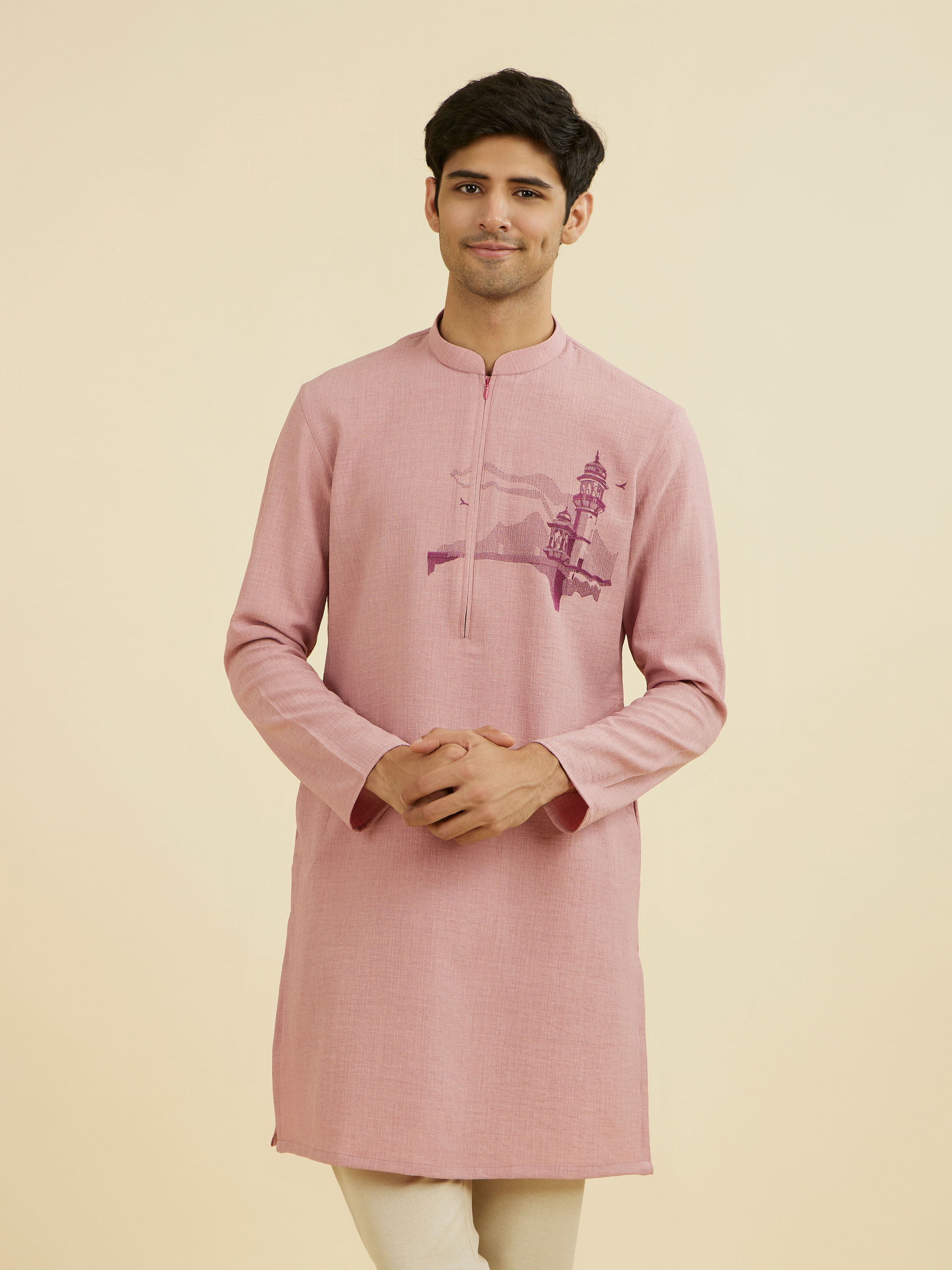 Manyavar Men Dusty Pink Mid Length Kurta