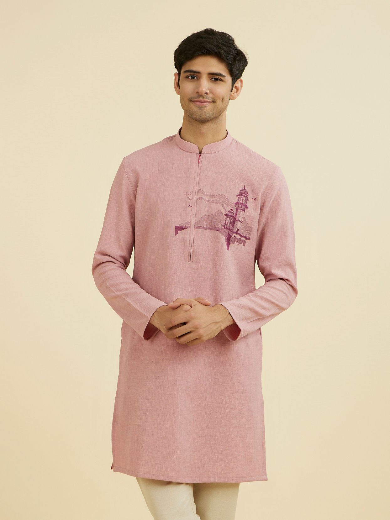 Manyavar Men Dusty Pink Mid Length Kurta