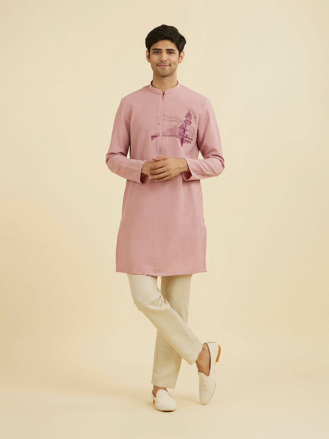 Manyavar Men Dusty Pink Mid Length Kurta