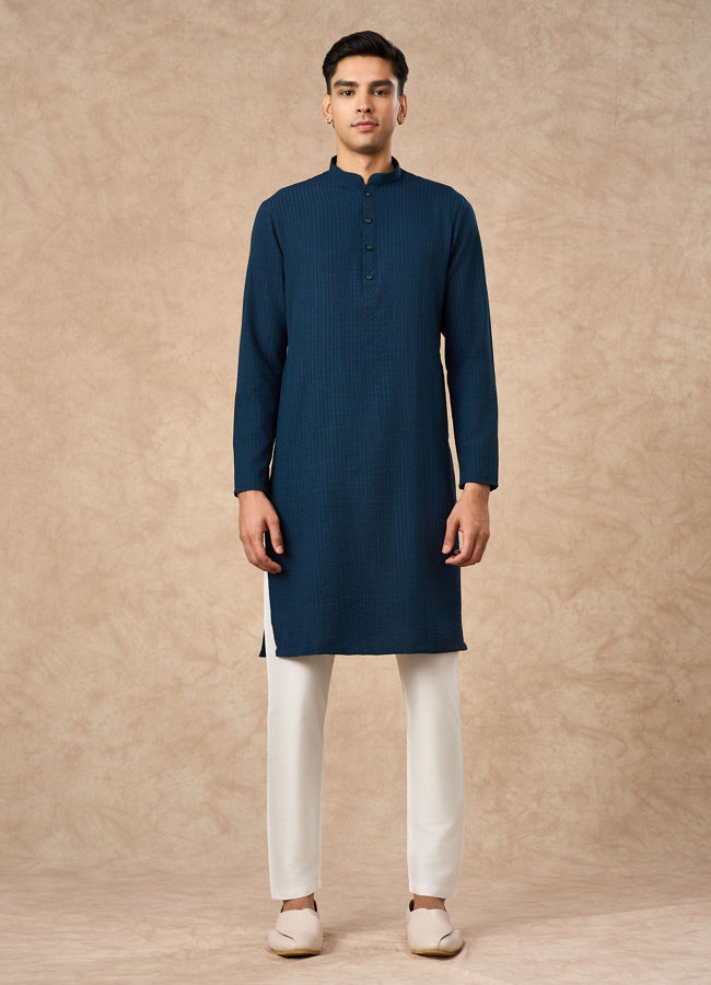 Manyavar Men Dark Blue Art Silk Kurta with Self-Texture