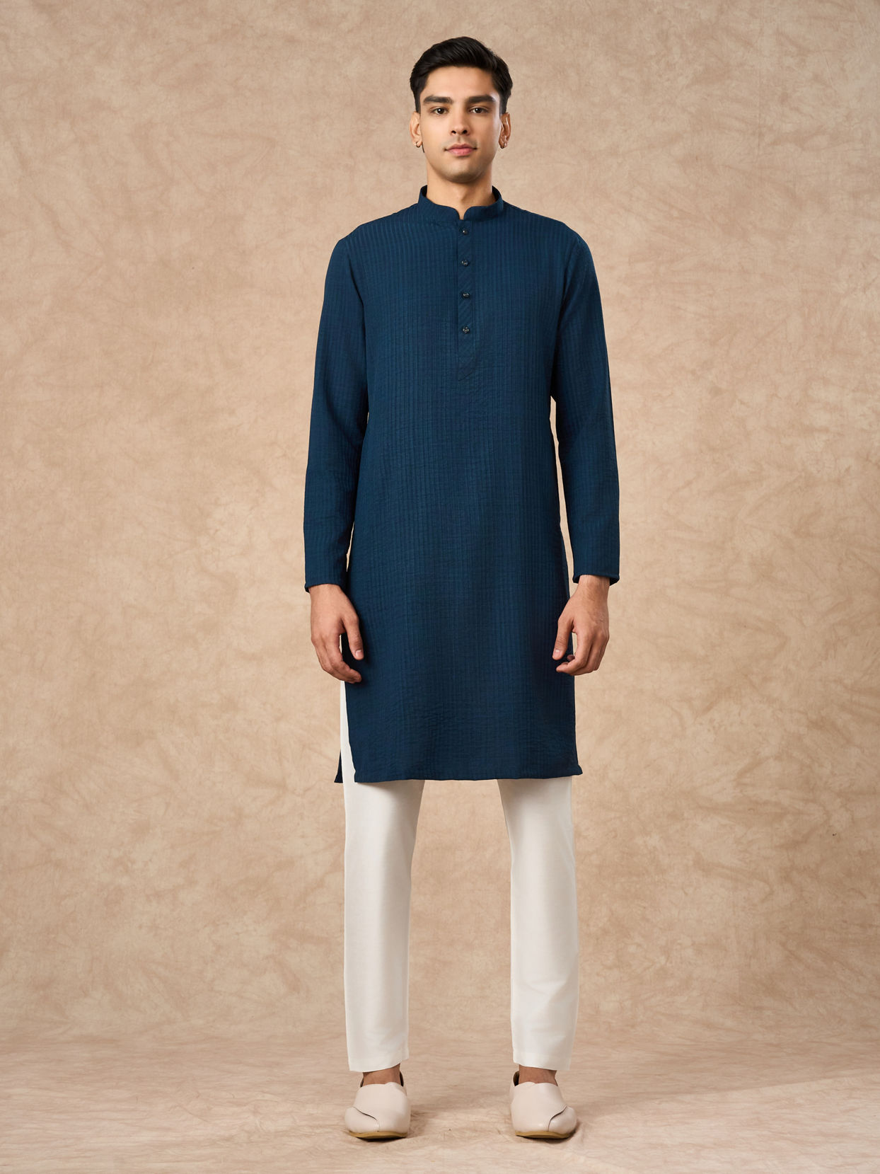Manyavar Men Dark Blue Art Silk Kurta with Self-Texture