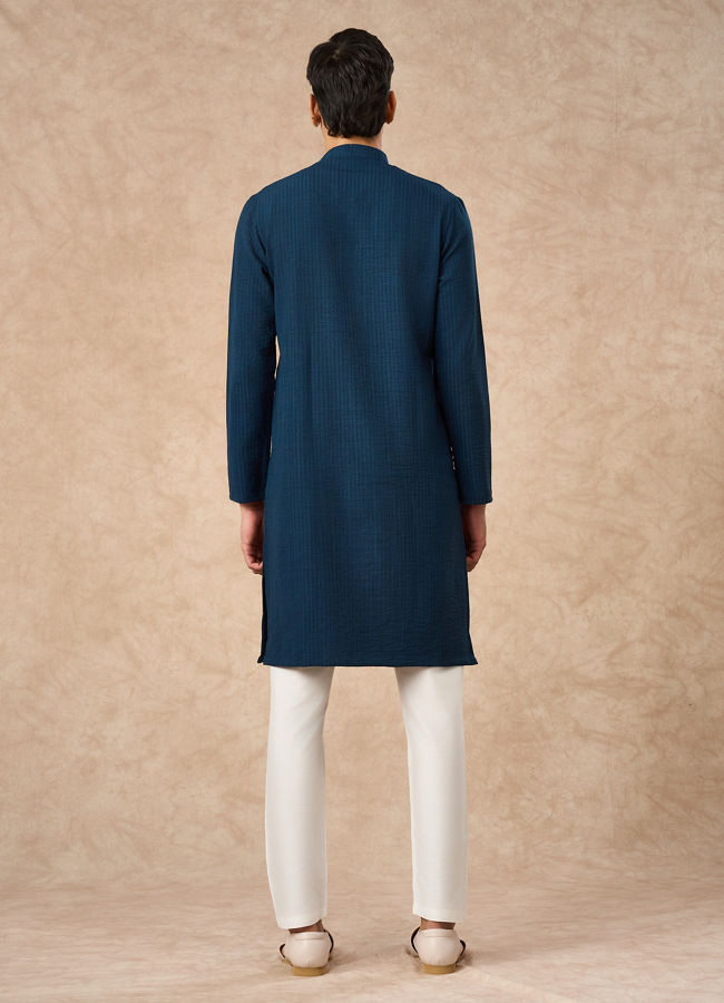 Manyavar Men Dark Blue Art Silk Kurta with Self-Texture