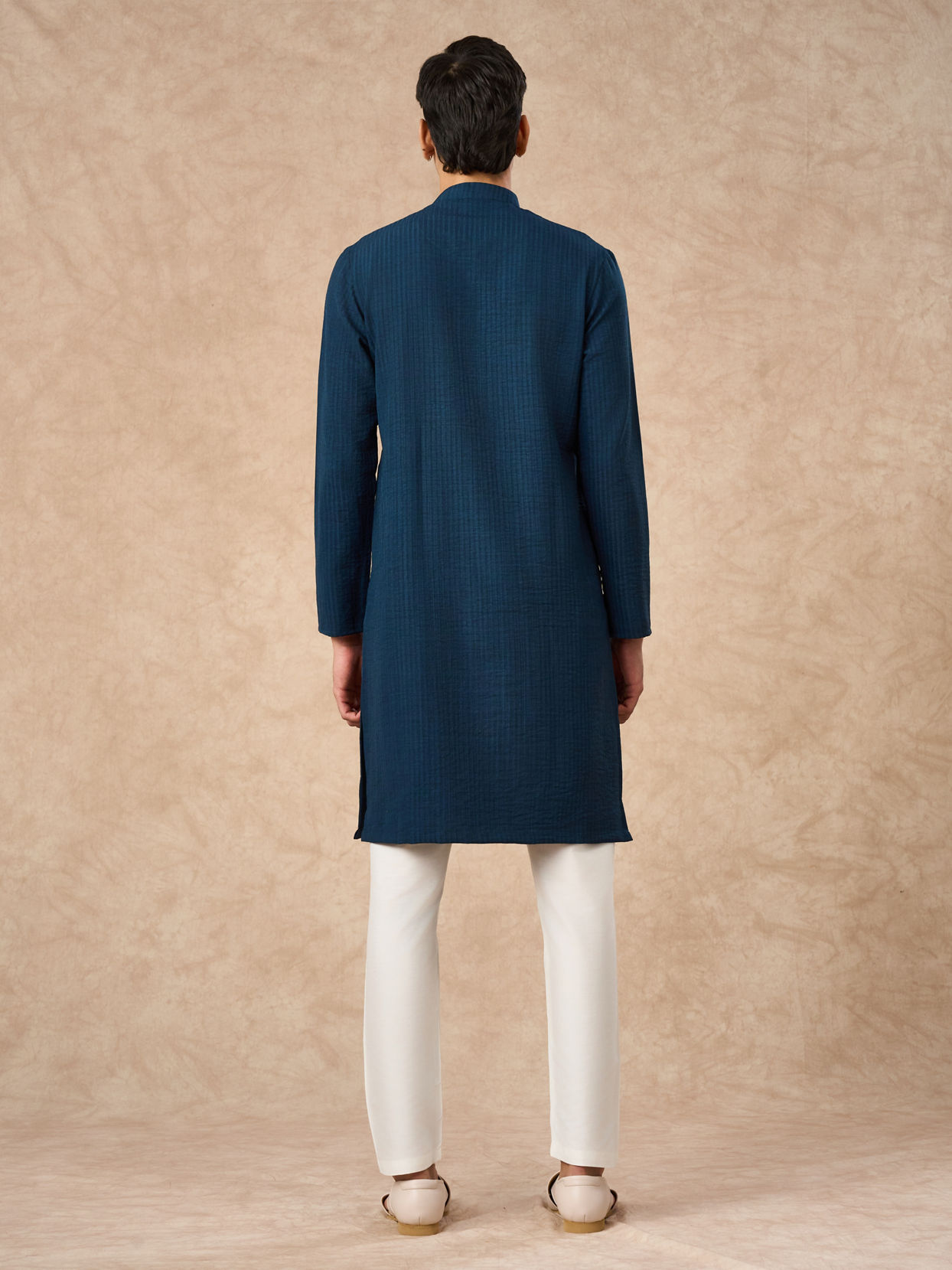 Manyavar Men Dark Blue Art Silk Kurta with Self-Texture