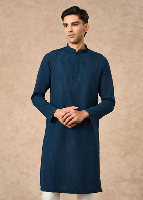 Manyavar Men Dark Blue Art Silk Kurta with Self-Texture