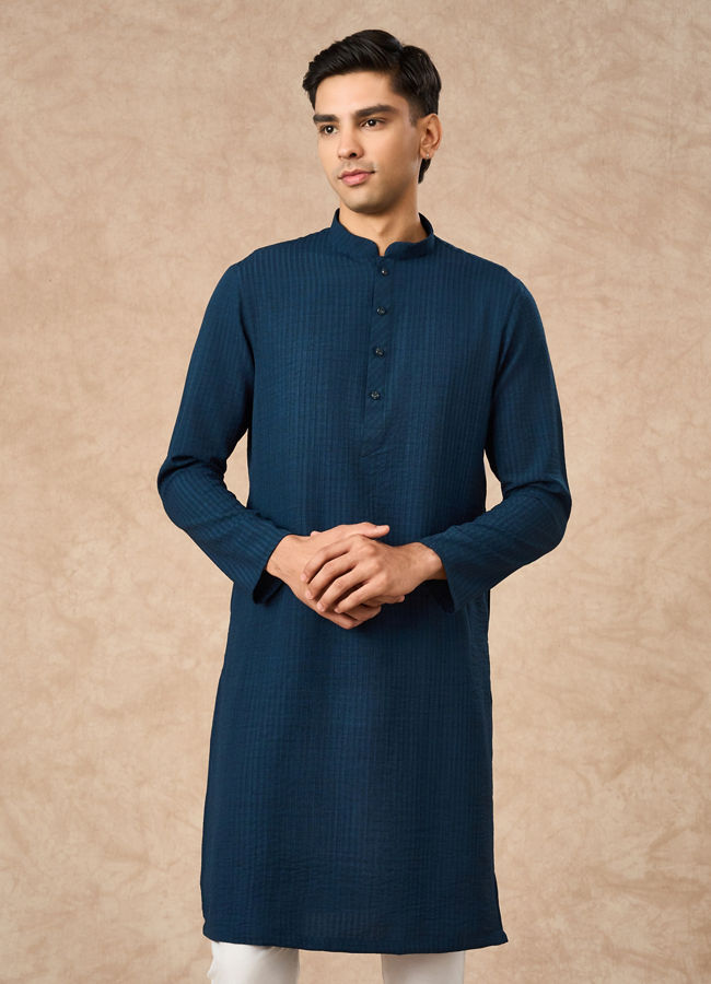 Manyavar Men Dark Blue Art Silk Kurta with Self-Texture