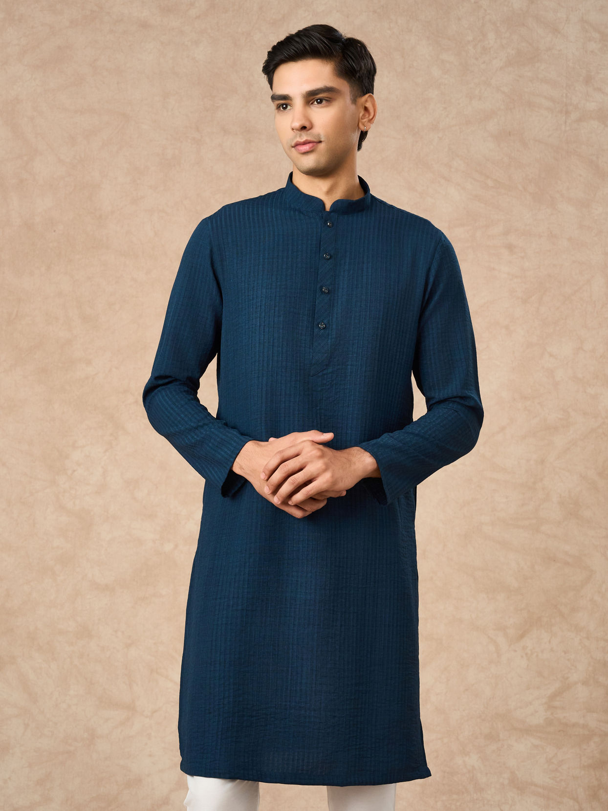 Manyavar Men Dark Blue Art Silk Kurta with Self-Texture