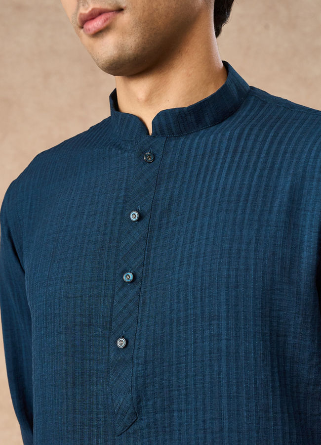 Manyavar Men Dark Blue Art Silk Kurta with Self-Texture