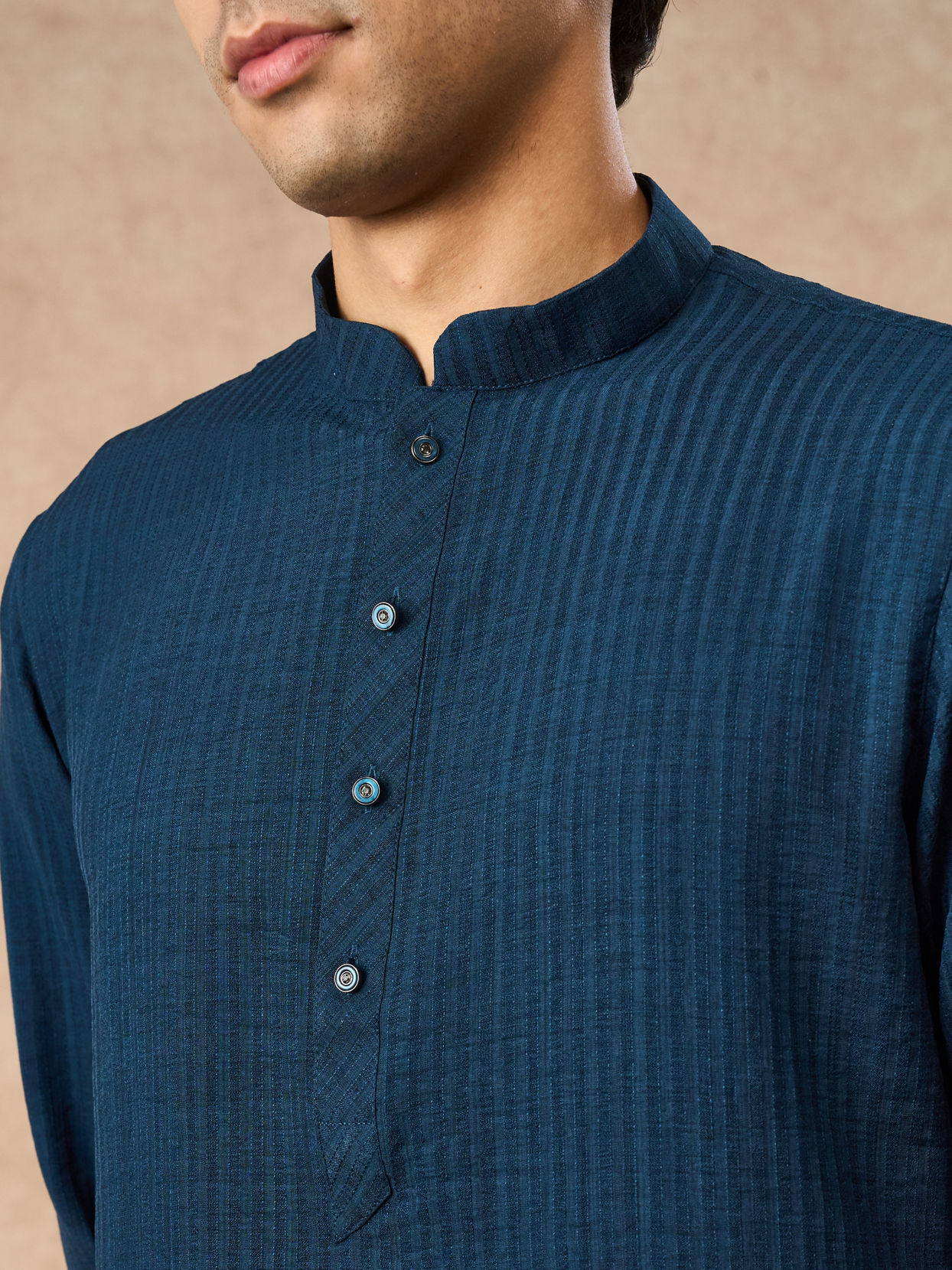 Manyavar Men Dark Blue Art Silk Kurta with Self-Texture