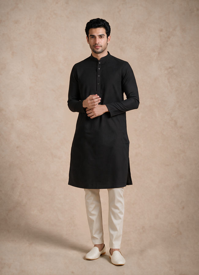 Manyavar Men Black Silk Kurta with Self-Texture