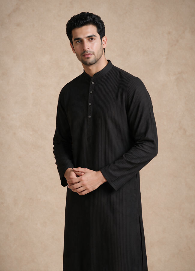 Manyavar Men Black Silk Kurta with Self-Texture