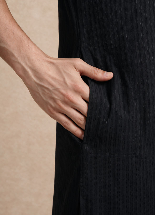 Manyavar Men Black Silk Kurta with Self-Texture