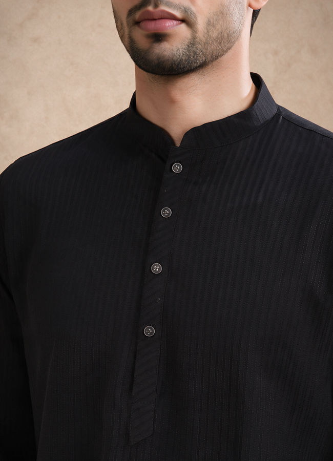 Manyavar Men Black Silk Kurta with Self-Texture