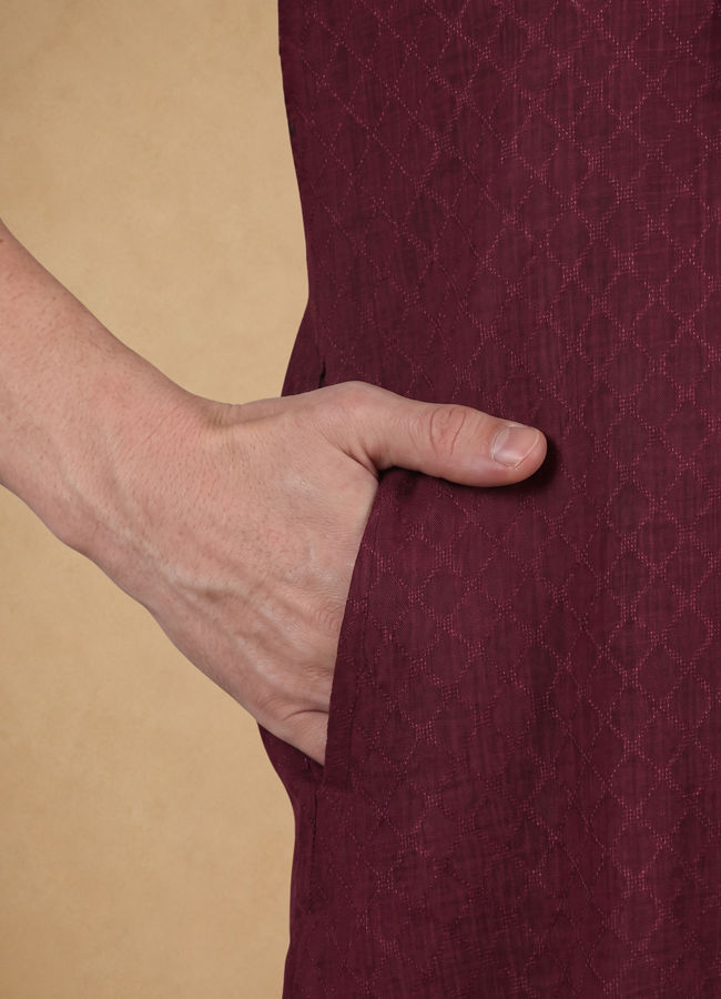 Manyavar Men Wine Silk Self Textured Kurta