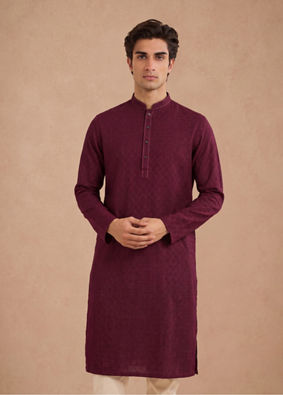 Manyavar Men Wine Silk Self Textured Kurta
