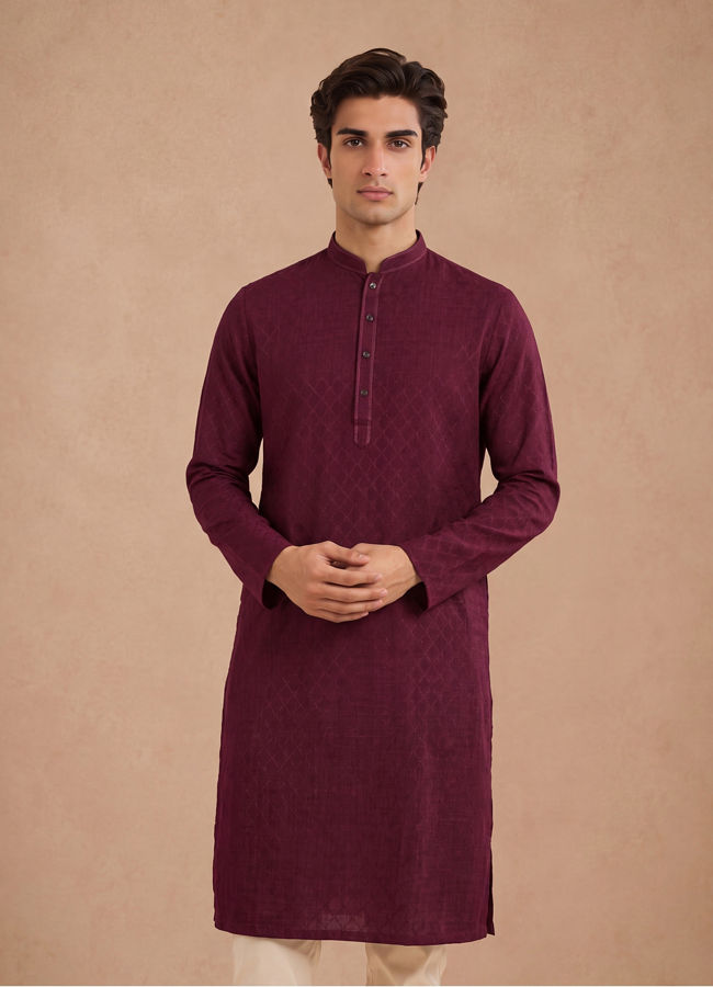 Manyavar Men Wine Silk Self Textured Kurta
