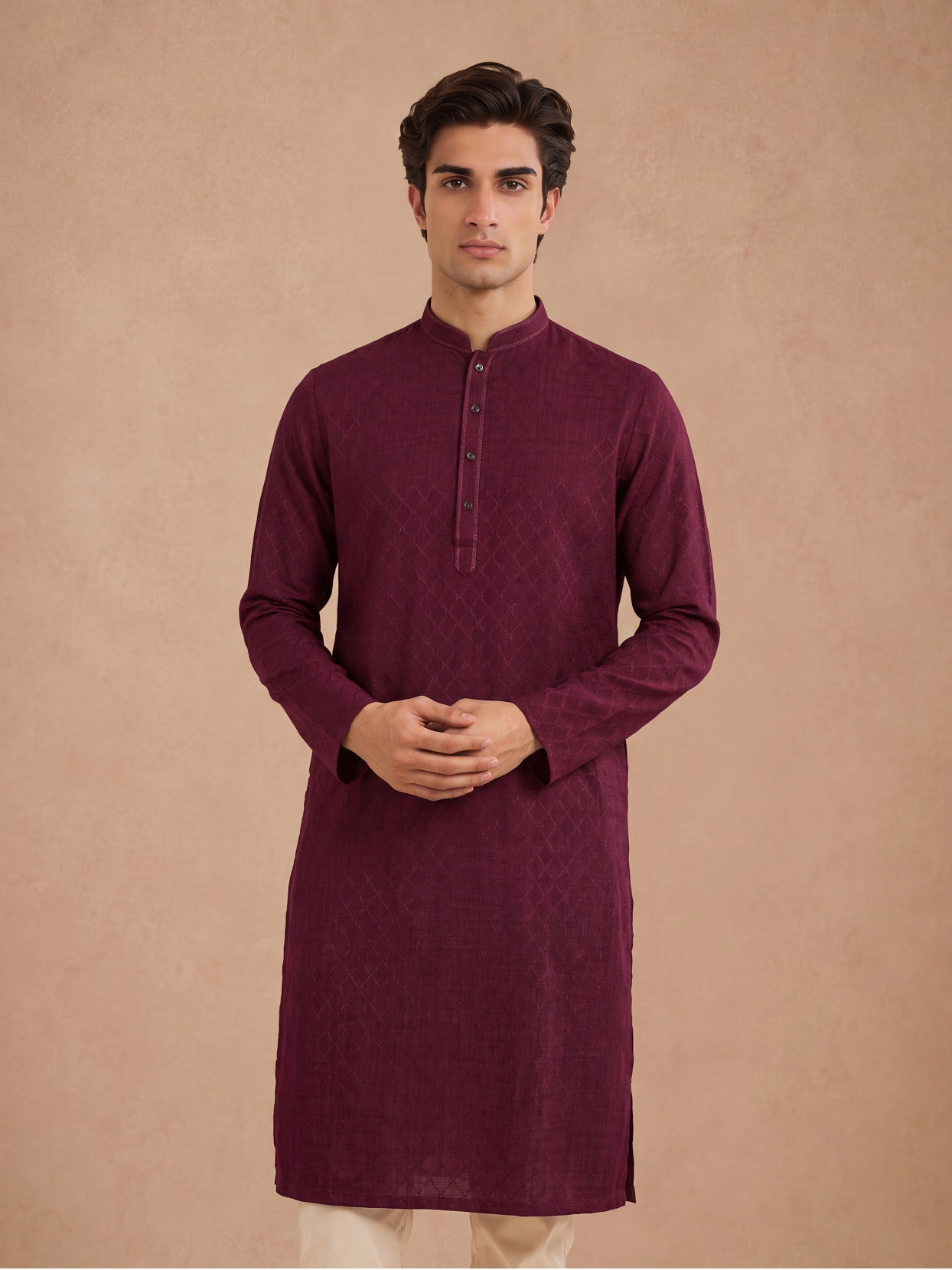 Manyavar Men Wine Silk Self Textured Kurta