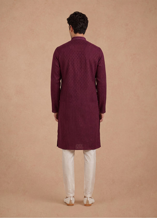 Manyavar Men Wine Silk Self Textured Kurta