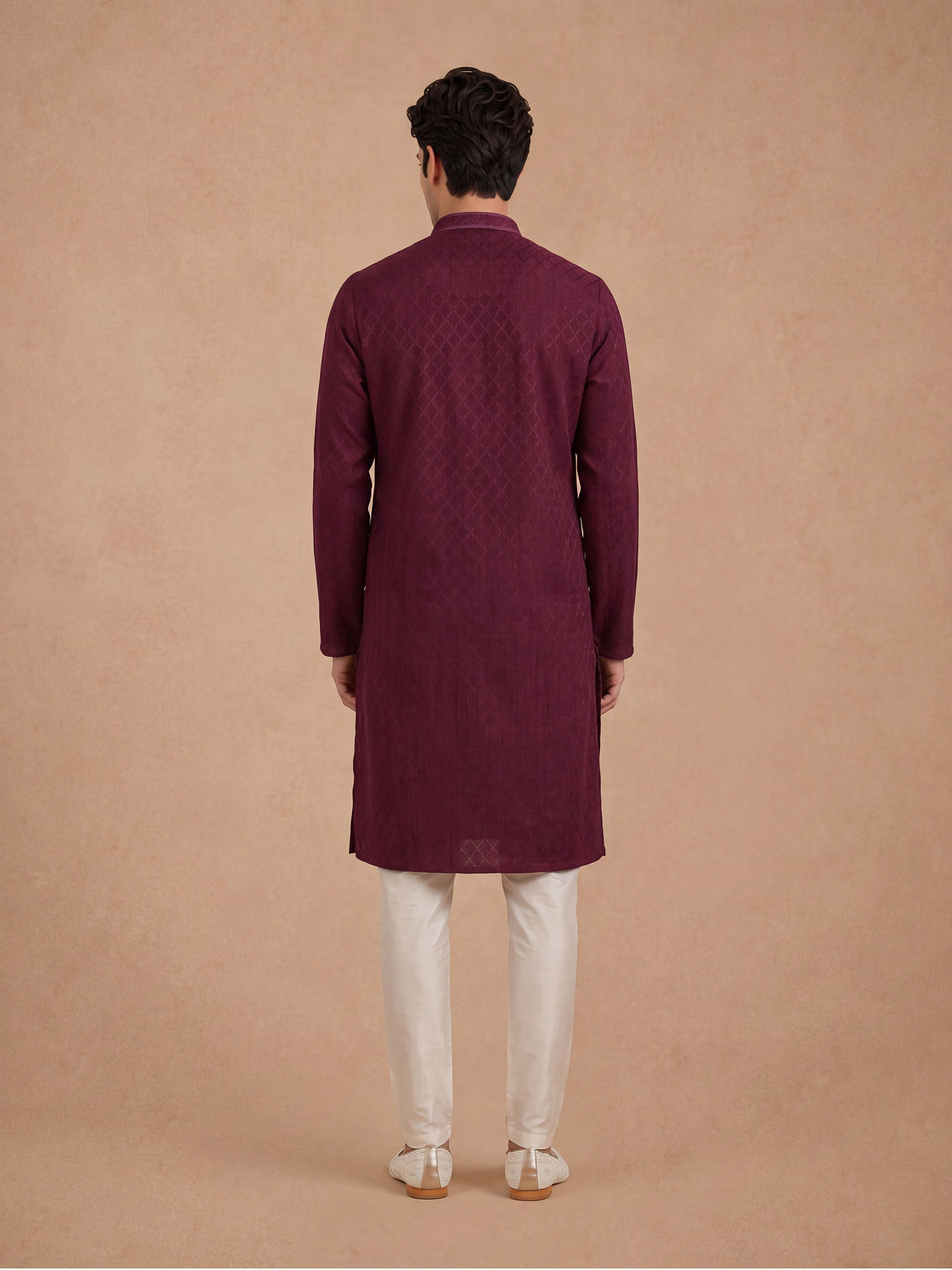 Manyavar Men Wine Silk Self Textured Kurta