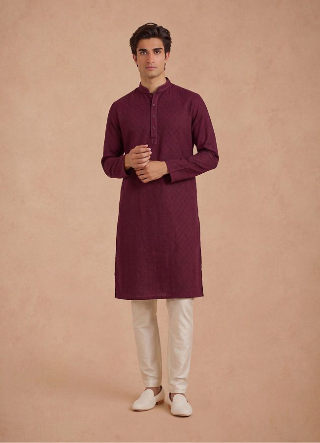 Manyavar Men Wine Silk Self Textured Kurta