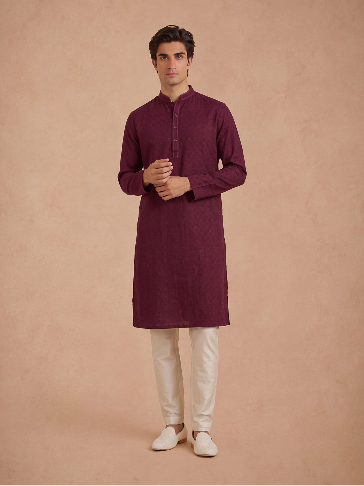 Manyavar Men Wine Silk Self Textured Kurta