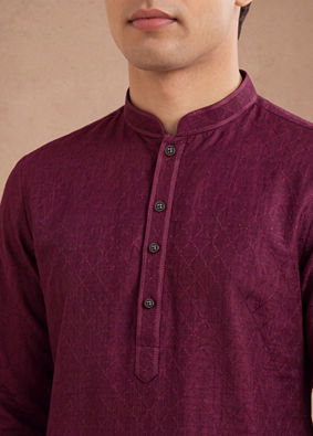 Manyavar Men Wine Silk Self Textured Kurta