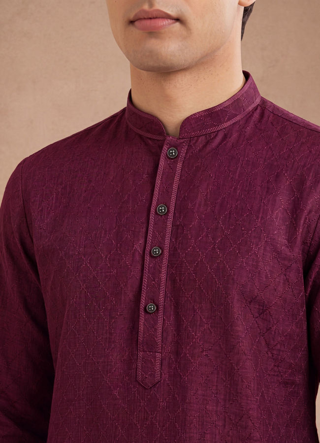 Manyavar Men Wine Silk Self Textured Kurta