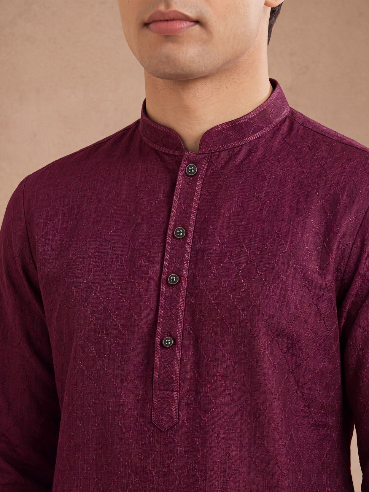 Manyavar Men Wine Silk Self Textured Kurta