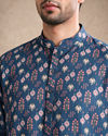 Manyavar Men Dark Blue Blended Cotton Kurta with Print