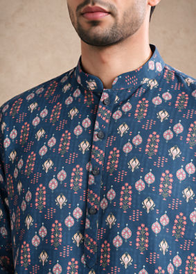 Manyavar Men Dark Blue Blended Cotton Kurta with Print