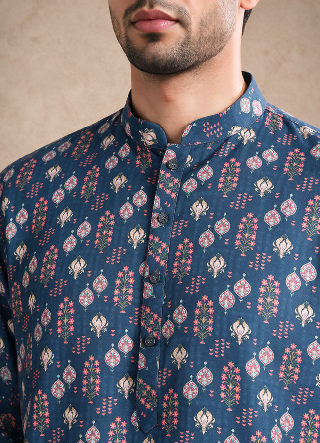 Manyavar Men Dark Blue Blended Cotton Kurta with Print