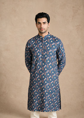 Manyavar Men Dark Blue Blended Cotton Kurta with Print