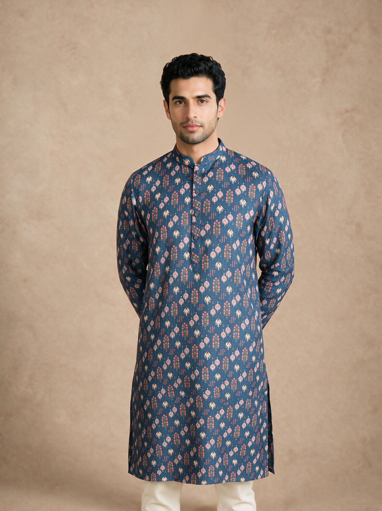 Manyavar Men Dark Blue Blended Cotton Kurta with Print
