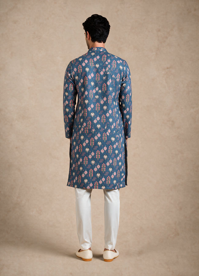 Manyavar Men Dark Blue Blended Cotton Kurta with Print